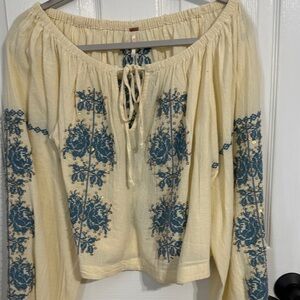 Free People Cream and Blue Embroidered Blouse